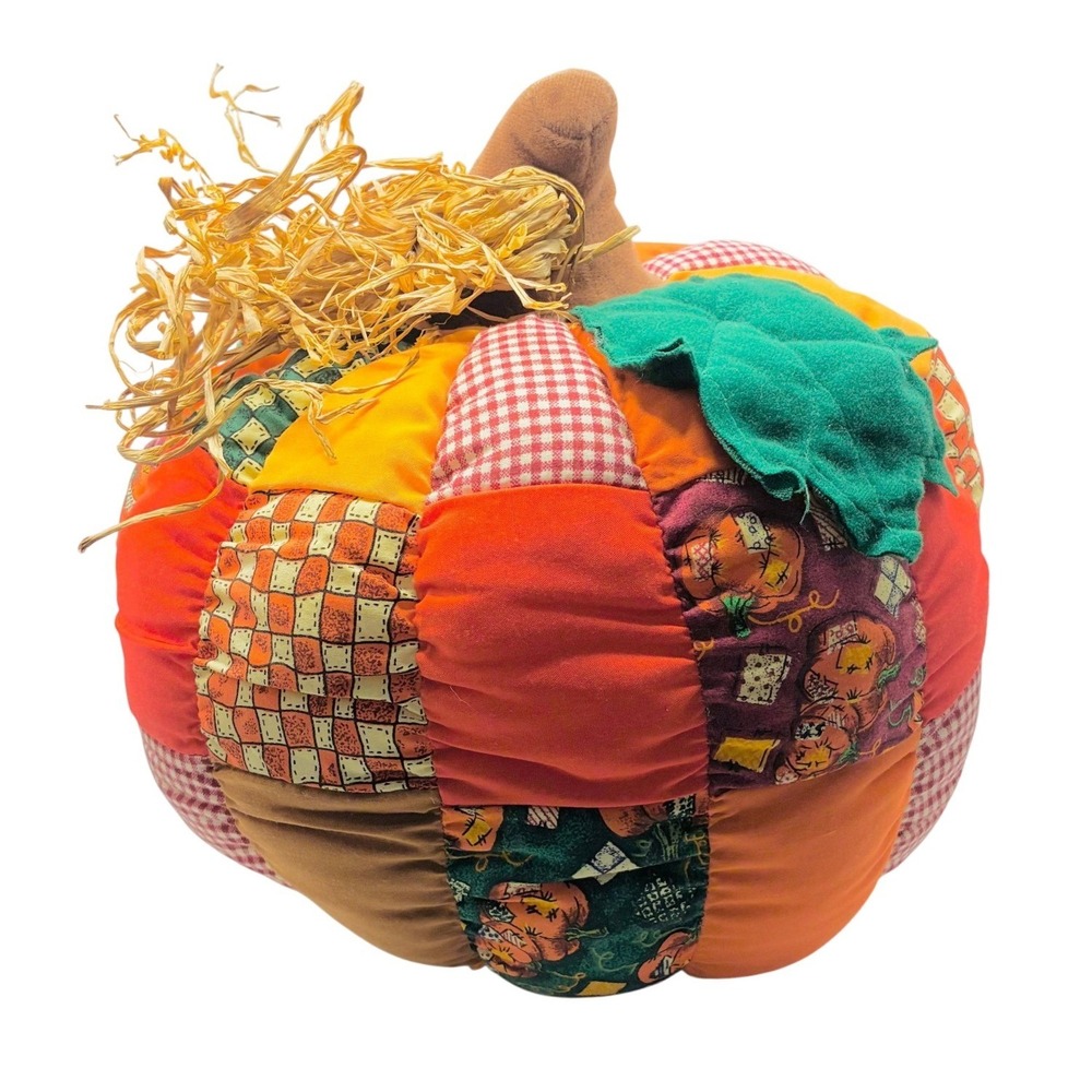 Vintage Patchwork Pumpkin Plush Pillow 12in Orange Fall Harvest Decor